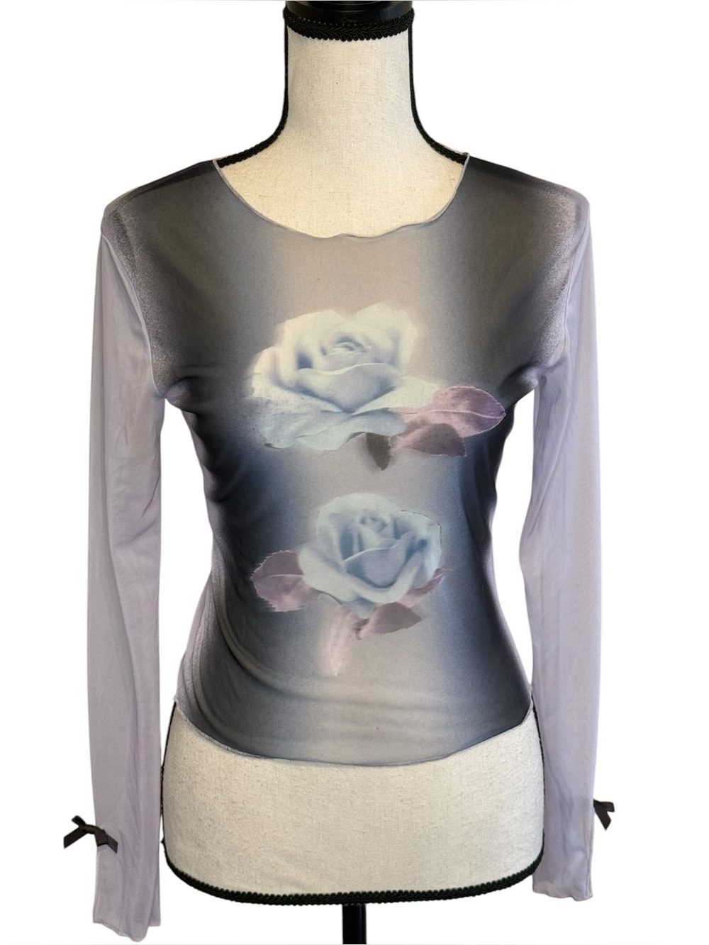 Sheer Long-Sleeve Rose Print Top